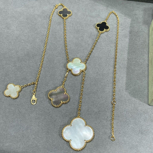 [AuraEcho]CLOVER 6 MOTIF MOP ONYX GOLD NECKLACE