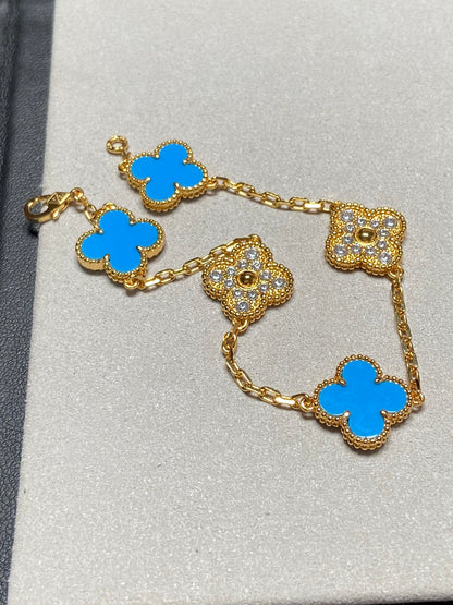 [AuraEcho]CLOVER 5 MOTIF BLUE CHALCEDONY DIAMOND GOLD BRACELET