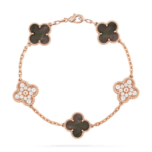 [AuraEcho]CLOVER 5 MOTIFS DARK MOP AND DIAMONDS PINK GOLD BRACELET