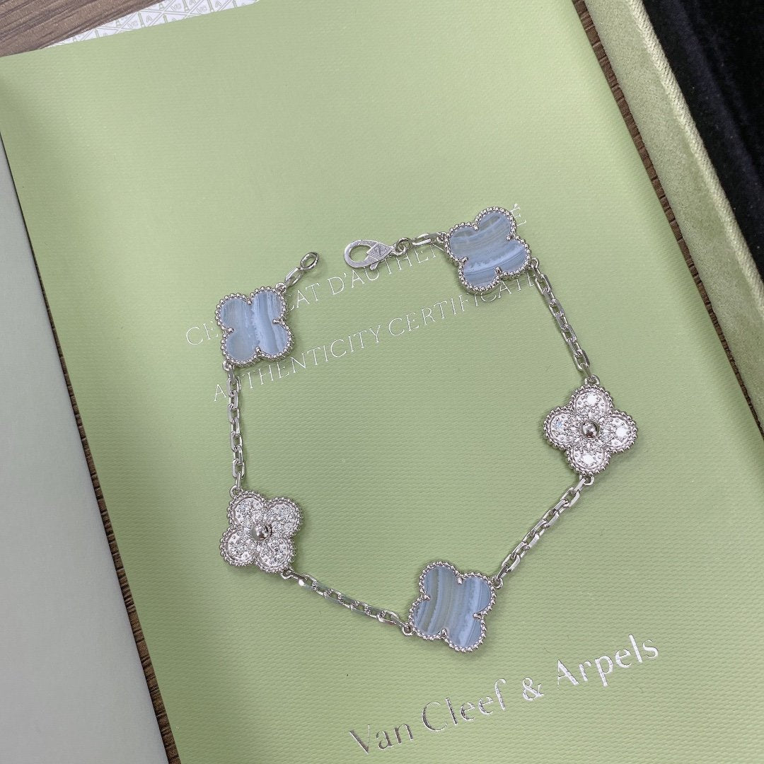 [AuraEcho]CLOVER  5 MOTIF DIAMOND PURPLE CHALCEDONY BRACELET SILVER